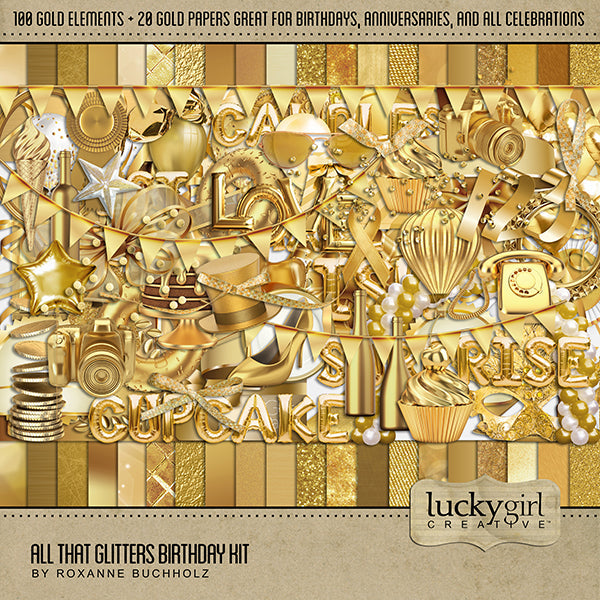 Birthday and Celebration digital scrapbook kits by Lucky Girl Creative offer scrapbooking embellishments and digital papers. With lots of glitz and glam, you'll find special elements to create party invitations and more!