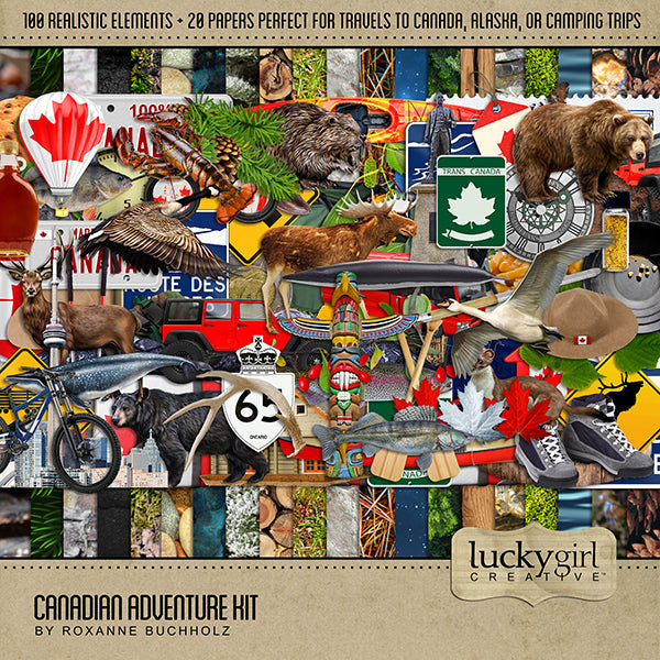 Canada digital scrapbook kits by Lucky Girl Creative offer a wide variety of realistic embellishments and digital paper.
