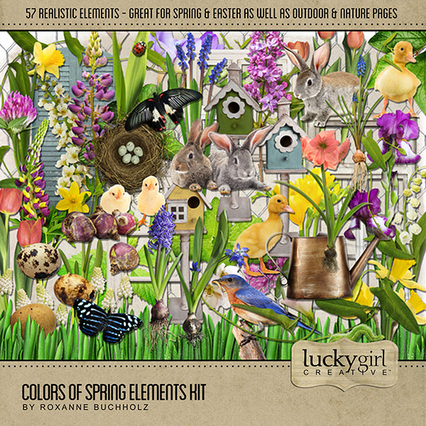 Spring digital scrapbook kits by Lucky Girl Creative offer scrapbooking embellishments, digital papers, digital art, and more. With plenty of color, you’ll find spring florals, butterflies, bunnies, and birds.