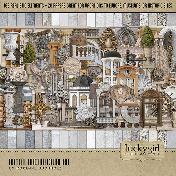 Architecture digital scrapbook kits by Lucky Girl Creative offer realistic scrapbooking embellishments and digital papers. Filled with stone artifacts, each kit will help you tell the story of vacations to Europe and historic landmarks.