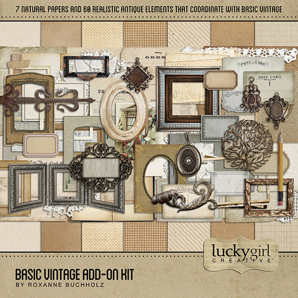Vintage digital scrapbook kits by Lucky Girl Creative are inspired by family history and genealogy. These antique collections feature realistic scrapbook embellishments and digital papers to help you tell your story.