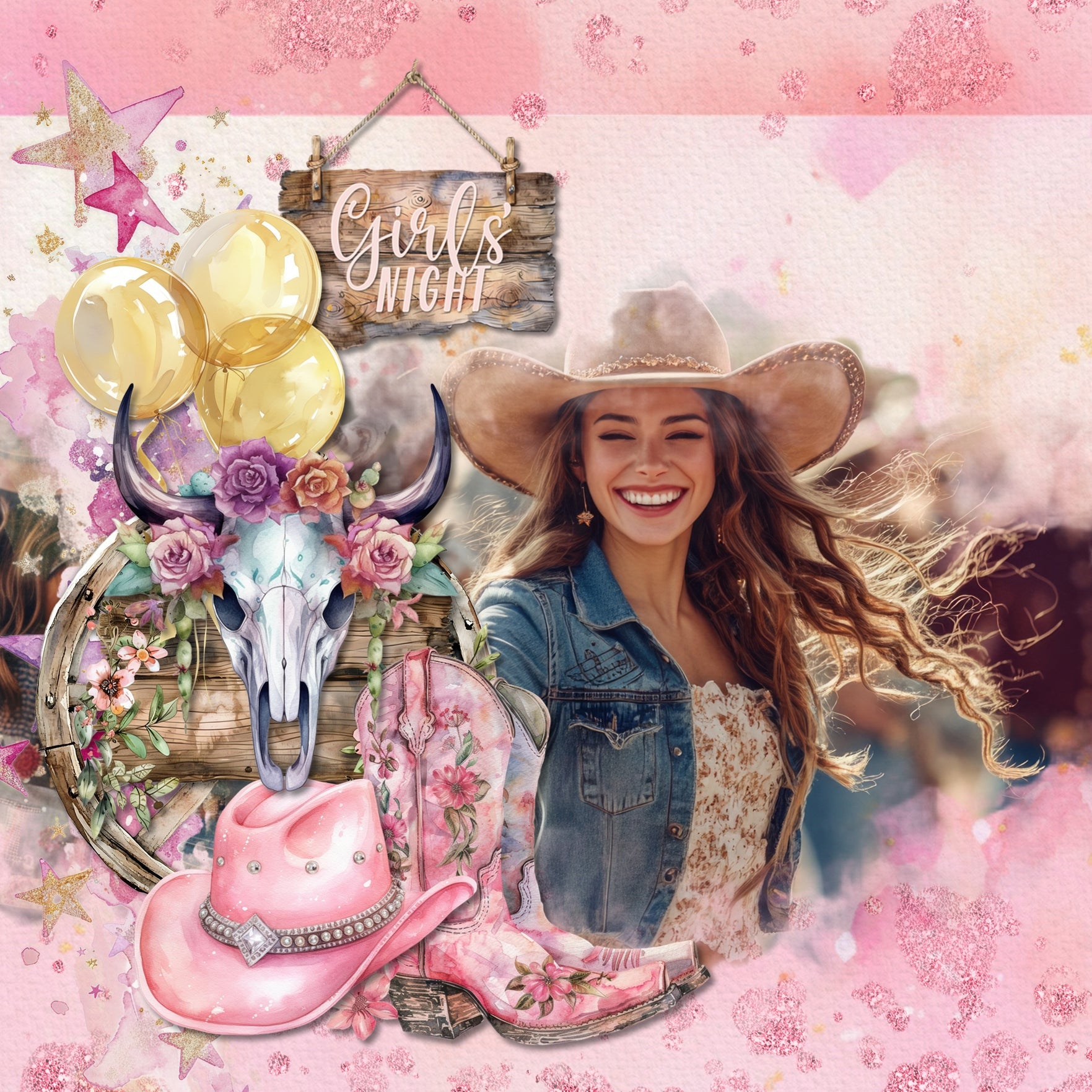 Girls just wanna have fun! Add beautiful watercolor embellishments and pink papers by Lucky Girl Creative digital art to all your digital scrapbooking pages! Great for bachelorette parties, wedding, party, celebration, dance, girl, birthday, girls night out, and girlfriends having fun! With a touch of western flair, these embellishments would be great for destination bachelorette parties to Arizona, the Southwest, Texas, and Nashville, Tennessee. Embellishments include angel wings, limo, town car, and more!
