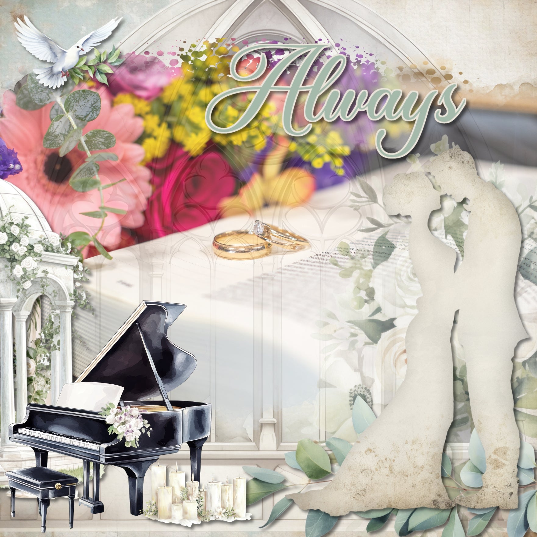 Celebrate the bride and groom, remember the beautiful wedding day, the getting ready activities, and the reception party with elegant watercolor embellishments and pretty papers by Lucky Girl Creative digital art to add to all your wedding and bridal shower pages! Perfect for the ceremony at the church, the vows, and the reception. Wedding embellishments include angel, wings, balloon, bell, bird cage, Bible, book, ribbon, bow, cake, tea service, bride, bridge, butterfly, wedding cake, candle, and more.