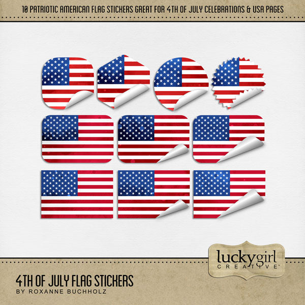 Accent your digital scrapbooking pages with these watercolor American flag stickers by Lucky Girl Creative digital art that can be layered on Independence Day, Fourth of July, USA and America themed pages, and family history projects to create a one-of-a-kind look. This kit is included in the Canada Day Watercolor Bundle.