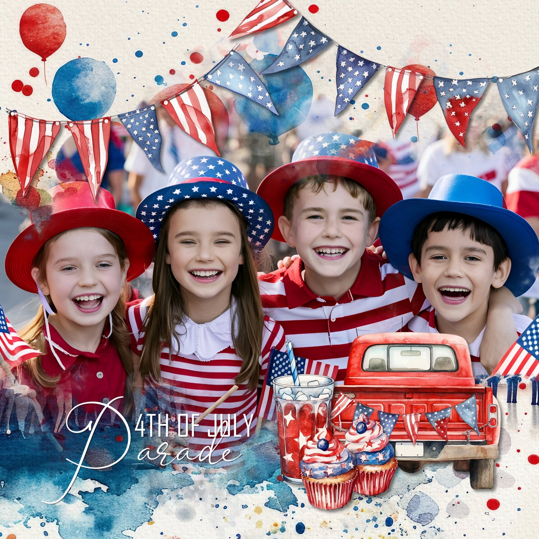 Accent your digital scrapbooking pages with these patriotic watercolor embellishments and papers by Lucky Girl Creative digital art that can be used for Independence Day, Fourth of July, USA, America, the United States of America, marching band, fireworks, and military parade pages, and more. Embellishments include American flag, balloon, barbeque grill, BBQ, bicycle, bike, bow tie, banner, bunting, pickup truck, stars, confetti, glitter, cupcake, donut, beer, drink, soda, eagle, firetruck, and more.