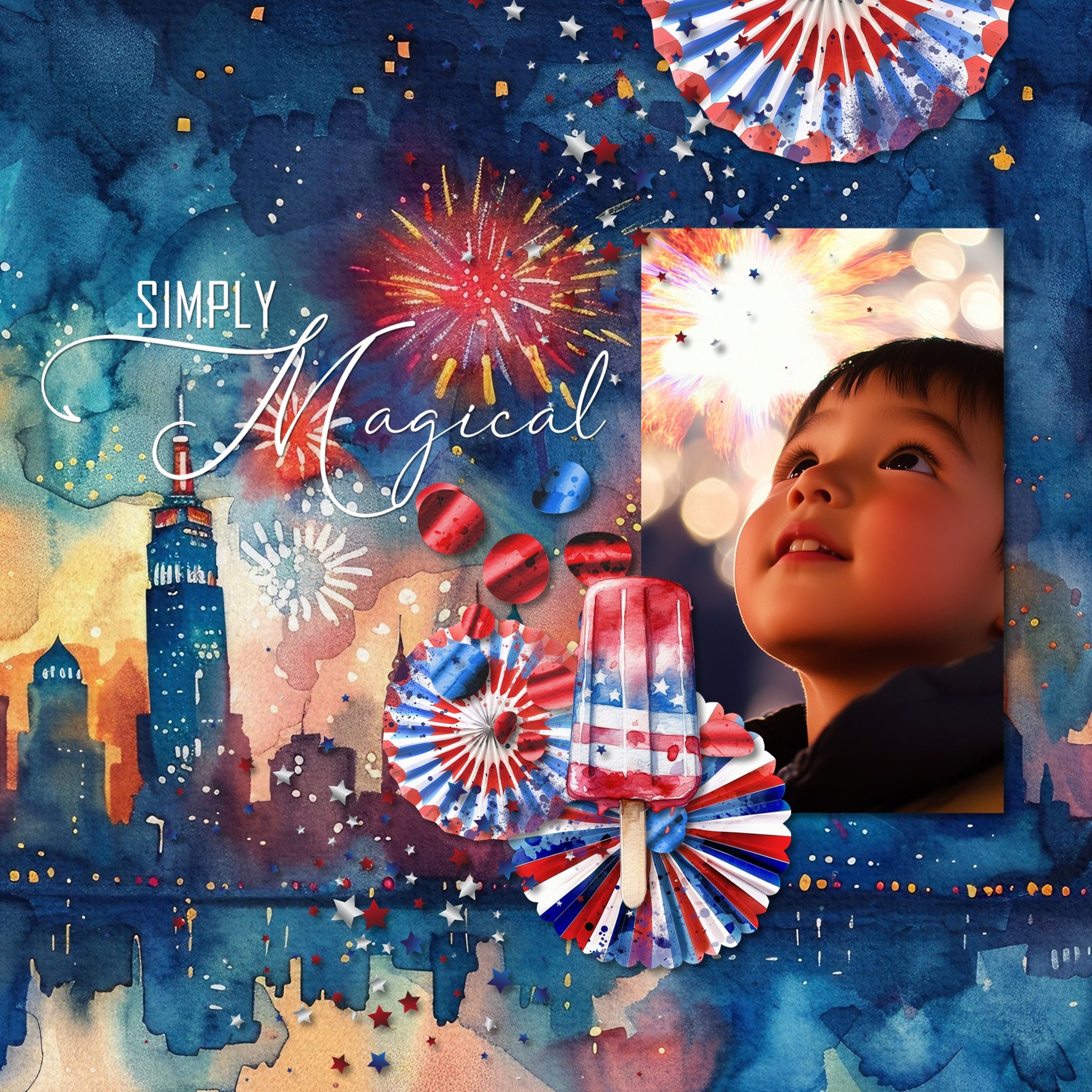 Accent your digital scrapbooking pages with these patriotic watercolor embellishments and papers by Lucky Girl Creative digital art that can be used for Independence Day, Fourth of July, USA, America, the United States of America, marching band, fireworks, and military parade pages, and more. Embellishments include American flag, balloon, barbeque grill, BBQ, bicycle, bike, bow tie, banner, bunting, pickup truck, stars, confetti, glitter, cupcake, donut, beer, drink, soda, eagle, firetruck, and more.