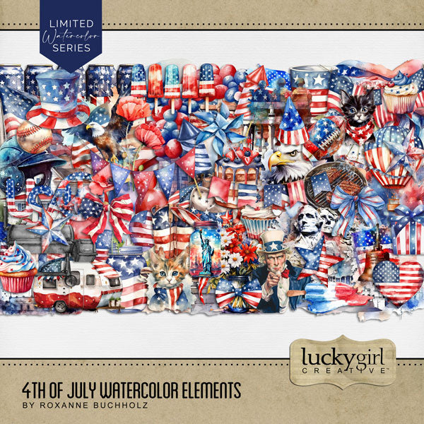 Accent your digital scrapbooking pages with these watercolor embellishments by Lucky Girl Creative digital art that can be used for Independence Day, USA, America, Fourth of July celebrations, Remembrance Day, patriotic, military pages, and more. Embellishments include American flag, Christian cross, balloons, balloon arch, banner, bunting, flags, baseball helmet, baseball, bouquet of flowers, bow tie, cake, camping trailer, camper, cowboy boots, cowboy hat, cup, mug, cupcake, eagle, and more.