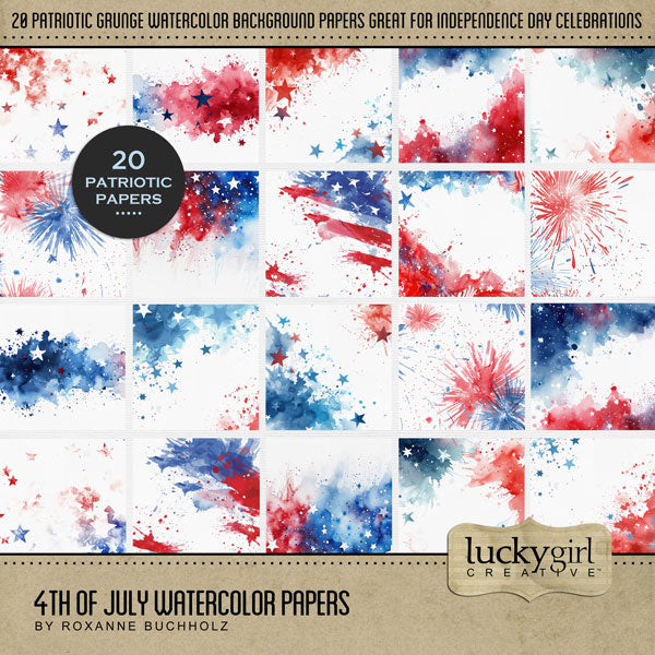 Accent your digital scrapbooking pages with these grunge red, white, and blue stars and stripes background papers by Lucky Girl Creative digital art that can be used for Independence Day, Fourth of July, military, and patriotic themed pages, and more. This kit is included in the 4th of July Watercolor Bundle.