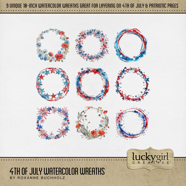 Create beautiful pages with these watercolor wreaths by Lucky Girl Creative digital art that can be layered on Independence Day, Fourth of July, patriotic, and pages celebrating America and the USA to create a one-of-a-kind look. Great for remembrance and military pages, too! Each wreath is 10" wide but can be re-sized to fit your project. TIP: Try layering the various wreaths to create a new look every time. Add photos and additional embellishments for a stunning page layout!
