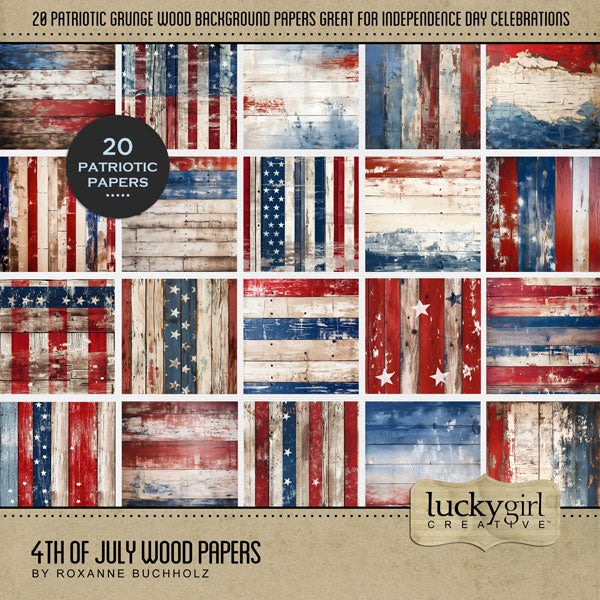Accent your digital scrapbooking pages with these distressed red, white, and blue wood background papers by Lucky Girl Creative digital art that can be used on Independence Day, Fourth of July, military, and patriotic pages, too! This kit is included in the 4th of July Watercolor Bundle.