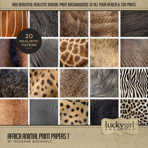 Highlight your vacation memories with these realistic digital art papers by Lucky Girl Creative featuring African animal print patterns, fur, hides, scales, and hair. Great for holidays and travel to Africa and exploring native flora and fauna while on safari, and even field trips to the zoo! Animals represented include Antelope, Bongo, Bird, Water Buffalo, Cheetah, Crocodile, Deer, Elephant, Giraffe, Hippo, Hyena, Leopard, Lion, Gazelle, Meerkat, Ostrich, Panther, Serval,  Wildebeest, and Zebra.