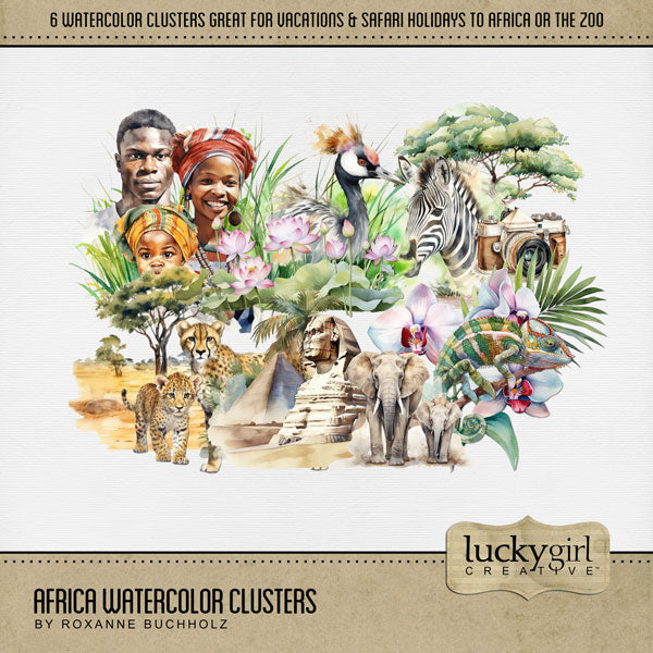 Add these beautiful watercolor clusters by Lucky Girl Creative digital art to all your digital scrapbooking pages to easily create memorable African pages and albums! Great for vacations to Africa, photo safari, trip to the zoo, and tribal adventures. Embellishments include orchids, chameleon, cheetah, savanna, family, zebra, camera, elephant, crane, sphinx, and pyramid. This kit is included in the Africa Watercolor Bundle.