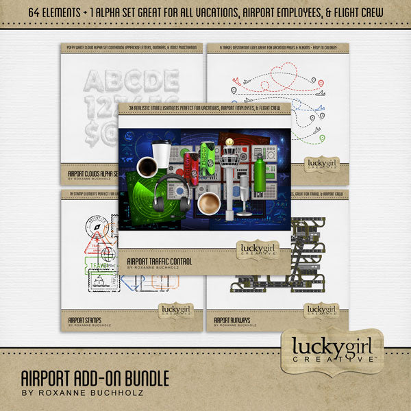 If you are taking to the air for a holiday, then get scrapping with this fun airport, aviation, airplane, and flight themed digital art bundle by Lucky Girl Creative. Whether it is a business trip or for vacation, if you going through an airport and into the sky on your way to your destination, this travel kit is for you. Great for those in the airline industry, flight attendants, airport traffic control, engineers, airport staff, and airplane hobbyists, too!