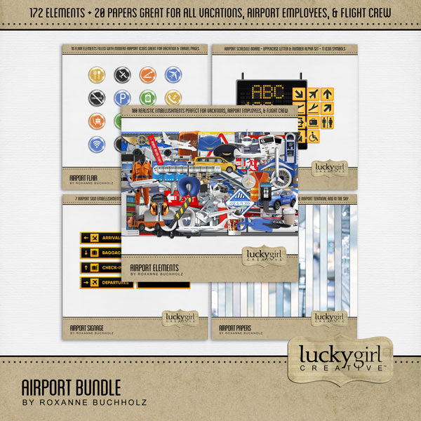 If you are taking to the air for a holiday, then get scrapping with this fun airport, aviation, airplane, and flight themed digital art bundle by Lucky Girl Creative. Whether it is a business trip or for vacation, if you going through an airport and into the sky on your way to your destination, this travel kit is for you. Great for those in the airline industry, flight attendants, airport staff, and airplane hobbyists, too! 