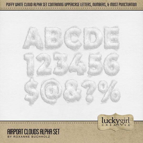 Create your own digital scrapbooking titles and aviation word art with these puffy white cloud alphabet letters, numbers, and punctuation by Lucky Girl Creative digital art that are perfect for any vacation air travel, air show, flight attendants, or hobbyist flight simulation. Great for aviation digital pages featuring the outdoors and nature, too! 