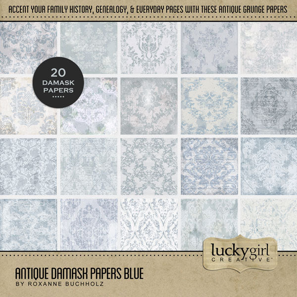 Add beautiful blue monochromatic damask papers by Lucky Girl Creative digital art to all your digital scrapbooking pages and albums. Inspired by vintage wallpapers and patterns, these background papers will add a subtle touch of warmth to your projects. This kit is included in the Antique Damask Papers Bundle.