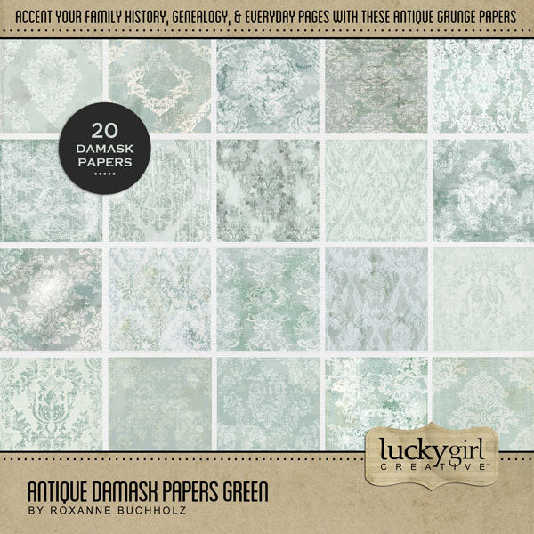 Add beautiful green monochromatic damask papers by Lucky Girl Creative digital art to all your digital scrapbooking pages and albums. Inspired by vintage wallpapers and patterns, these background papers will add a subtle touch of warmth to your projects. This kit is included in the Antique Damask Papers Bundle.