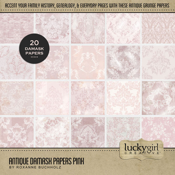Add beautiful pink monochromatic damask papers by Lucky Girl Creative digital art to all your digital scrapbooking pages and albums. Inspired by vintage wallpapers and patterns, these background papers will add a subtle touch of warmth to your projects. This kit is included in the Antique Damask Papers Bundle.