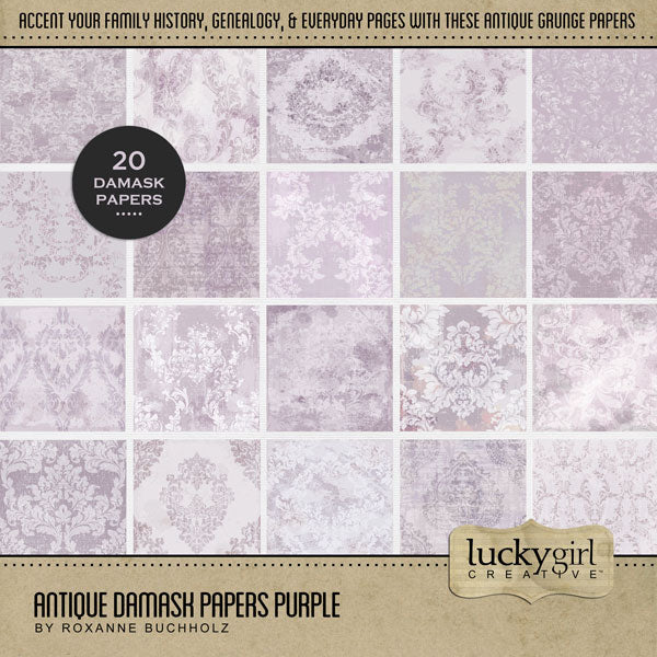 Add beautiful purple monochromatic damask papers by Lucky Girl Creative digital art to all your digital scrapbooking pages and albums. Inspired by vintage wallpapers and patterns, these background papers will add a subtle touch of warmth to your projects. This kit is included in the Antique Damask Papers Bundle.