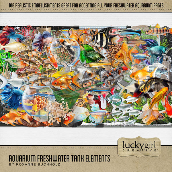 Filled with realistic freshwater aquarium flora and fauna, this digital scrapbooking elements only kit by Lucky Girl Creative digital art will add a splash of wonder to your aquarium and fish tank pages.