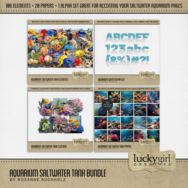 Filled with realistic saltwater aquarium flora and fauna, this digital scrapbooking bundle by Lucky Girl Creative digital art will add a splash of wonder to your aquarium and tropical fish pages. Great for home fish tanks, visiting ocean aquatic centers and landmark aquariums, or exploring the underwater reefs with your snorkel and scuba gear. Can also be used for vacations to the Great Barrier Reef, Caribbean Sea, and cruise ship excursions.