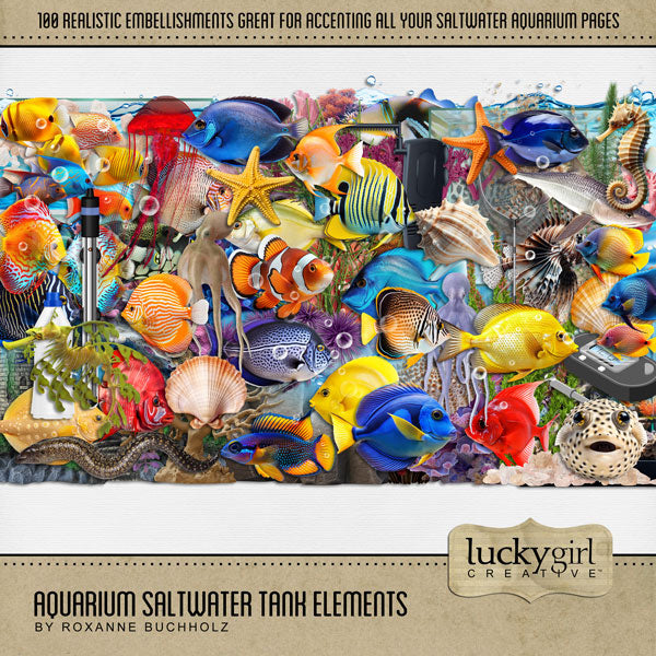 Filled with realistic saltwater aquarium flora and fauna, this digital scrapbooking elements only kit by Lucky Girl Creative digital art will add a splash of wonder to your aquarium and tropical fish pages. Great for aquarium, beach, ocean, snorkeling, and scuba diving pages.
