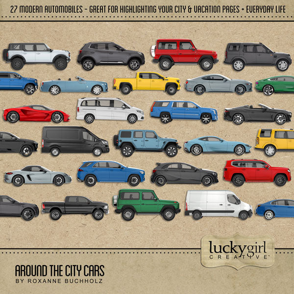 Adventure and explore the urban city with this transportation digital art kit by Lucky Girl Creative digital art that features a variety of modern automobiles, SUVs, vans, trucks, vehicles, and sports cars. Perfect for documenting your city vacation, weekend holiday, or road trip.