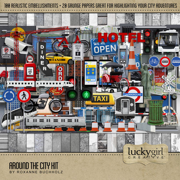 Adventure and explore the urban city with this brightly colored embellishments and grunge neutral papers digital art kit by Lucky Girl Creative. Perfect for documenting your city vacation, weekend holiday, night out on the town, plus every day, too. Embellishments include ATM cash machine, intercity basketball court, bike rack, billboard sign, bridge, bus stop, city bus, city map, city traffic, construction crane, and more.