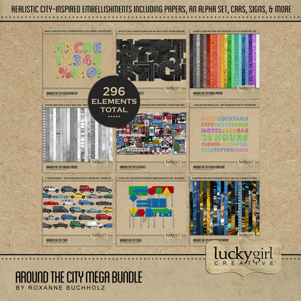 Adventure and explore through the urban city with this all-inclusive Around the City Mega Bundle by Lucky Girl Creative digital art. Perfect for documenting your city vacation or weekend holiday with lots of realistic embellishments, brick and grunge papers, cars, automobiles, city street signs, city streets and highways, neon letters alpha set and word art, plus so much more!