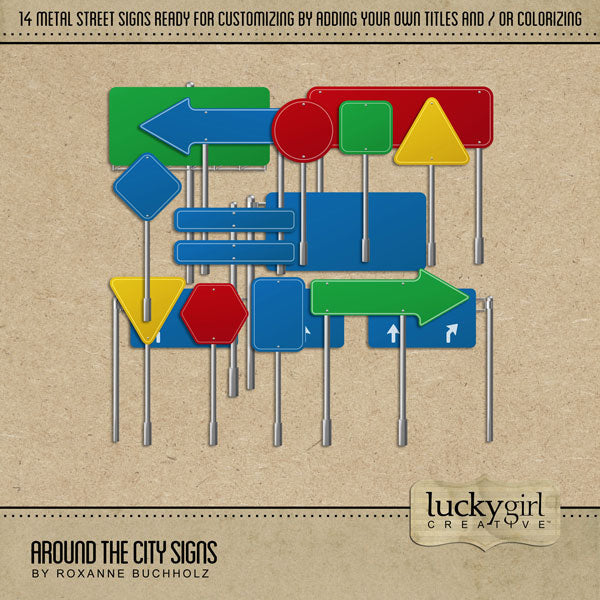 Adventure and explore the urban city with this digital embellishment kit by Lucky Girl Creative digital art that features highway, freeway, street, and road signs. Perfect for documenting your city vacation, weekend holiday, or road trip. Add your own words and symbols to create a custom piece.