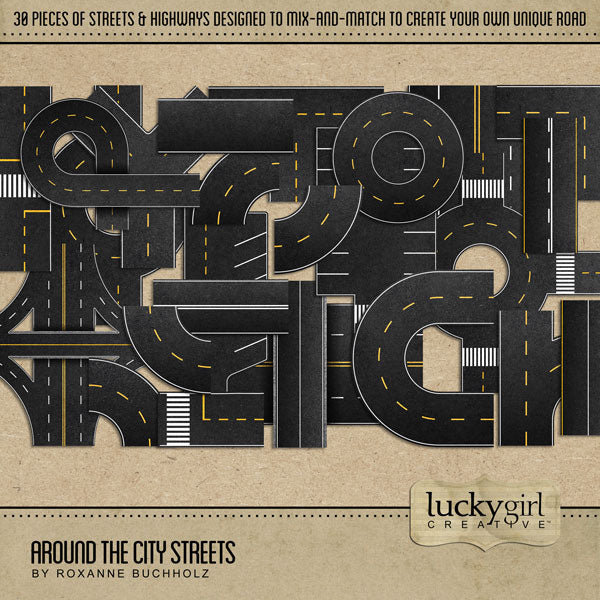 Adventure and explore the urban city with this digital embellishment kit by Lucky Girl Creative digital art that features mix-and-match highway, street, and road pieces. Perfect for documenting your city vacation, weekend holiday, or road trip.