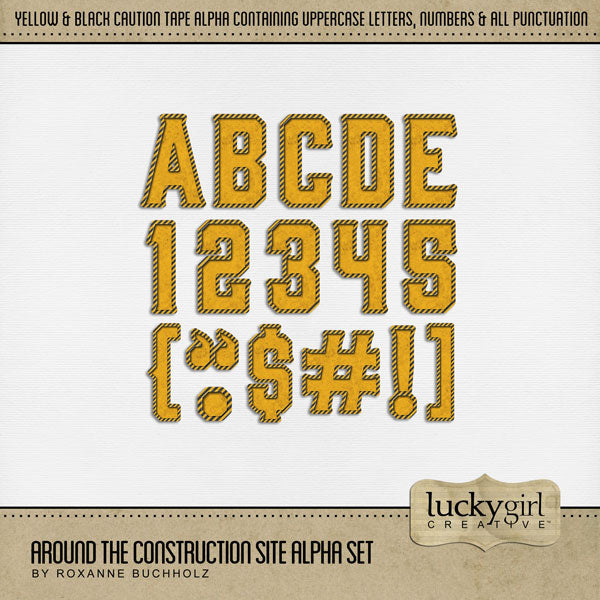 The Around the Construction Site Alpha Set Digital Art Kit by Lucky Girl Creative is great for documenting life around the construction zone, home renovation projects, contractors, architects, plumbers, carpenters, and tradesmen. The yellow and black alpha set contains alphabets, numbers, and punctuation as embellishments.