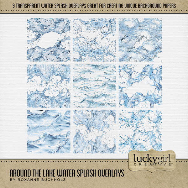 No matter what water sport you love or what lake or ocean you like to explore, this transparent water splash overlay kit by Lucky Girl Creative digital art will add a unique touch to all your digital scrapbooking background papers. Each embellishment is 12" x 12" and can be used as is, filled with your favorite paper, or colorized. Great for surfing, sailing, swimming, waterskiing, vacations to the beach, and more.