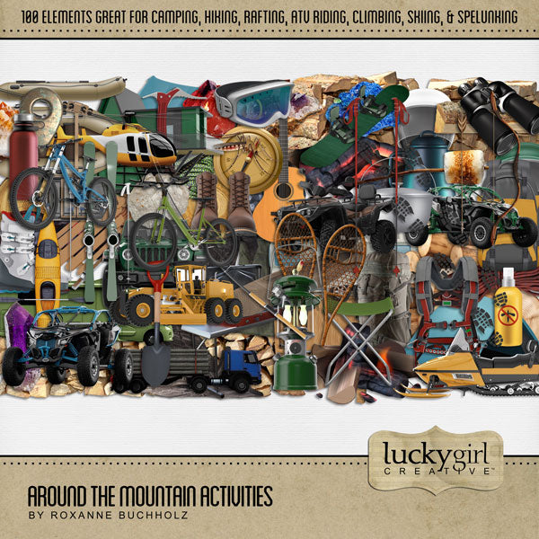 Showcase your family memories with these realistic mountain activity embellishments by Lucky Girl Creative. Perfect for outdoor adventures in nature and adding warmth to all your mountain and camping pages. Activities include camping, hiking, rock climbing, snowmobiling, mountain biking, fishing, spelunking, geocaching, trekking, river rafting, caving, skiing, snowboarding, and more!