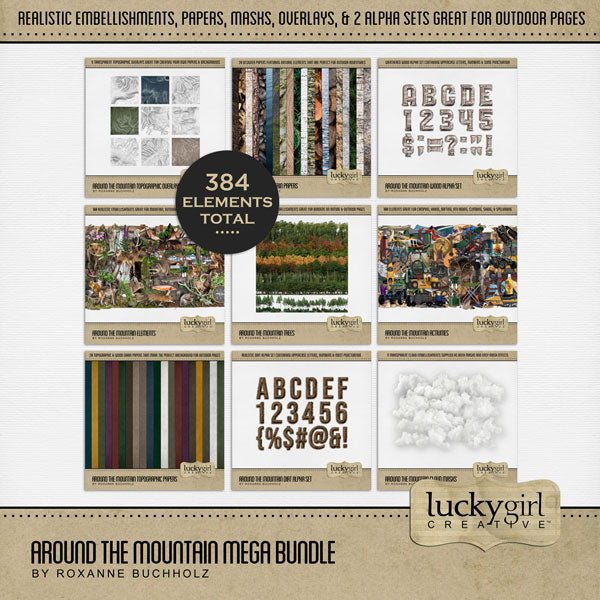 Showcase your family memories with these realistic mountain embellishments, natural textured papers, alpha sets, topographic overlays, tree borders, clouds, and word art by Lucky Girl Creative. Perfect for outdoor adventures in nature and adding warmth to all your mountain and camping pages. Ideas for pages include camping, hiking, rock climbing, snowmobiling, mountain biking, fishing, spelunking, geocaching, trekking, river rafting, caving, skiing, snowboarding, and more!