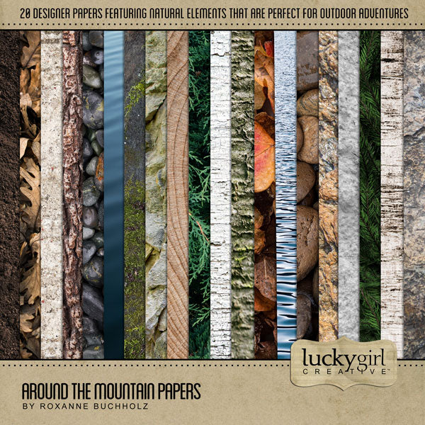 Showcase your family memories with these natural textured digital background papers by Lucky Girl Creative. Perfect for outdoor adventures in nature and adding warmth to all your mountain and camping pages. Each digital paper measures 12" x 12". Textures include dirt, dried leaves, bark, birch, moss, water, evergreen, stone, rock, and more.