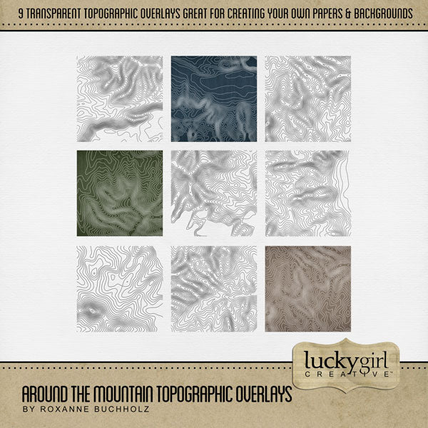 Showcase your family memories with these transparent topographic overlays by Lucky Girl Creative. Perfect for outdoor adventures in nature and adding warmth to all your mountain and camping pages. Fill with your favorite color, photo, or paper to create a unique effect.
