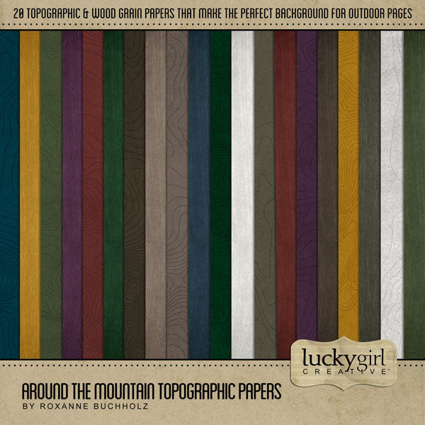 Showcase your family memories with these topographic and textured digital background papers by Lucky Girl Creative. Perfect for outdoor adventures in nature and adding warmth to all your mountain and camping pages. Each digital paper measures 12" x 12".