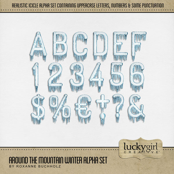 Showcase your family memories with this realistic winter icicle alpha set by Lucky Girl Creative. Perfect for outdoor adventures in nature and adding warmth to all your mountain, ski, and winter pages. The Around the Mountain Winter Alpha Set consists of a full set of digital art uppercase letters, numbers 0-9, and some punctuation marks. This alpha set is available as individual embellishments only.
