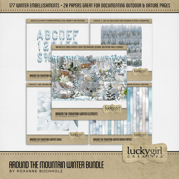 Showcase your family memories with this beautiful set of realistic winter embellishments, bokeh papers, and an icicle alpha set by Lucky Girl Creative. Perfect for outdoor adventures in nature and adding warmth to all your mountain, ski, and winter pages.