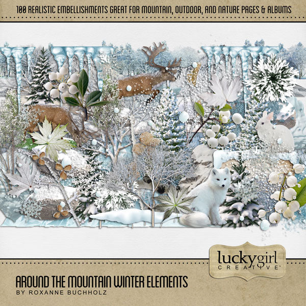 Showcase your family memories with this beautiful set of realistic winter embellishments and bokeh papers by Lucky Girl Creative. Perfect for outdoor adventures in nature and adding warmth to all your mountain, ski, and winter pages.
