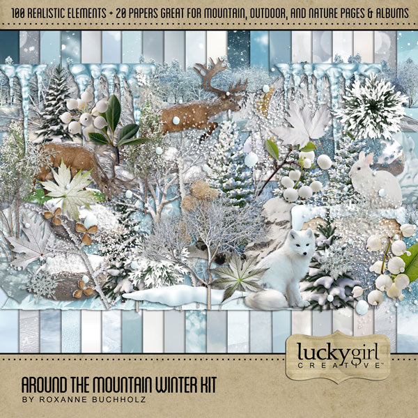 Showcase your family memories with this beautiful set of realistic winter embellishments and bokeh papers by Lucky Girl Creative. Perfect for outdoor adventures in nature and adding warmth to all your mountain, ski, and winter pages. 