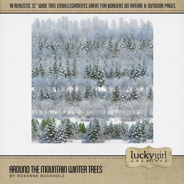 Showcase your family memories with these realistic snow-covered tree embellishments by Lucky Girl Creative. Perfect for outdoor adventures in nature and adding warmth to all your mountain, ski, and winter pages. Each tree embellishment is 12" wide and great for borders.