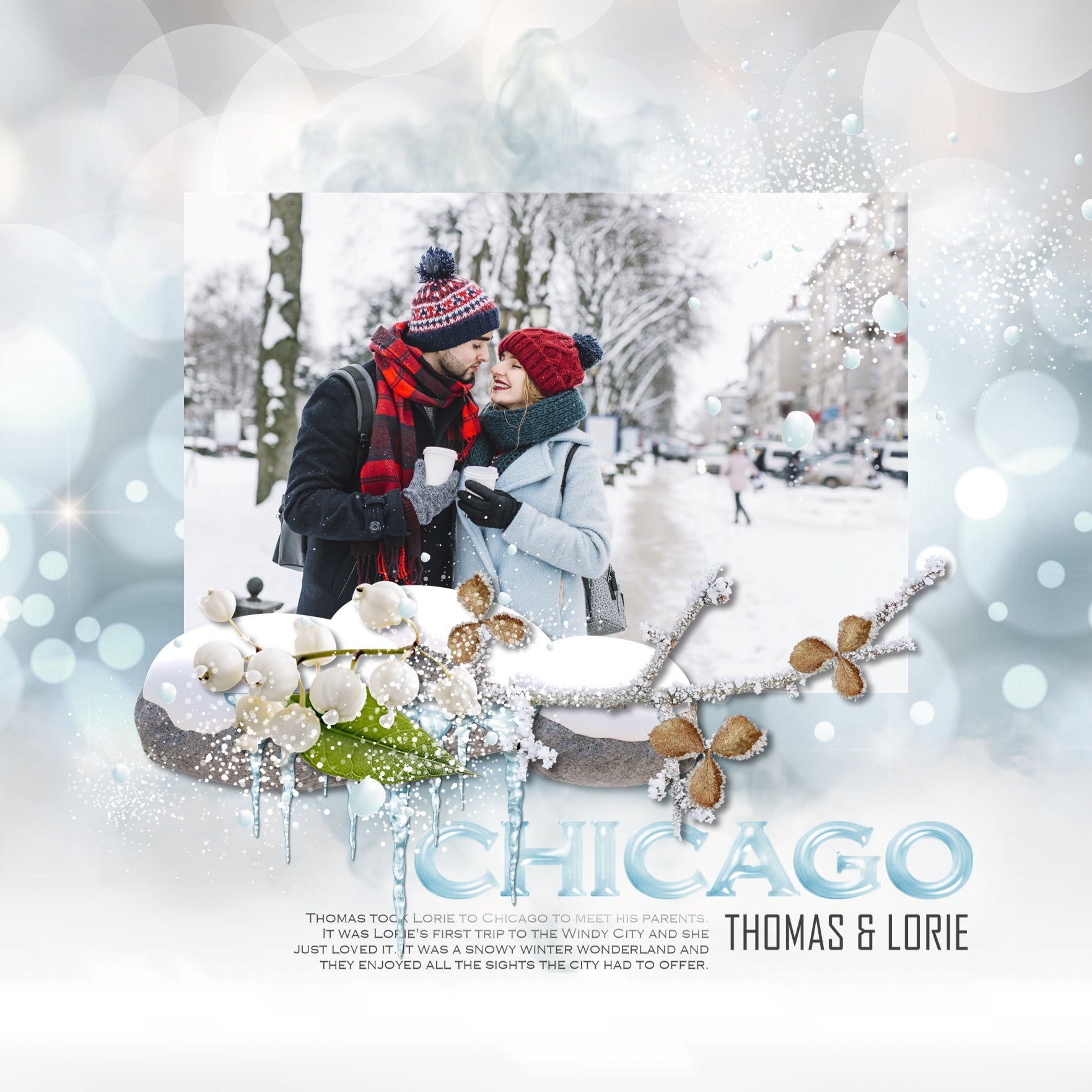 Showcase your family memories with this beautiful set of realistic winter embellishments, bokeh papers, and an icicle alpha set by Lucky Girl Creative. Perfect for outdoor adventures in nature and adding warmth to all your mountain, ski, and winter pages.