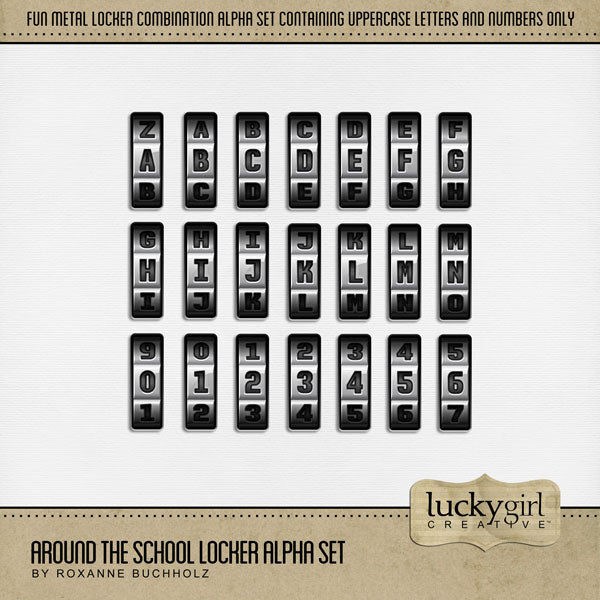 Have fun documenting your school and sports projects with this locker combination set of digital art alphabet letters and numbers by Lucky Girl Creative! Each embellishment looks like it is on the spin dial for a locker combination. Great for school and sports digital pages and album titles!