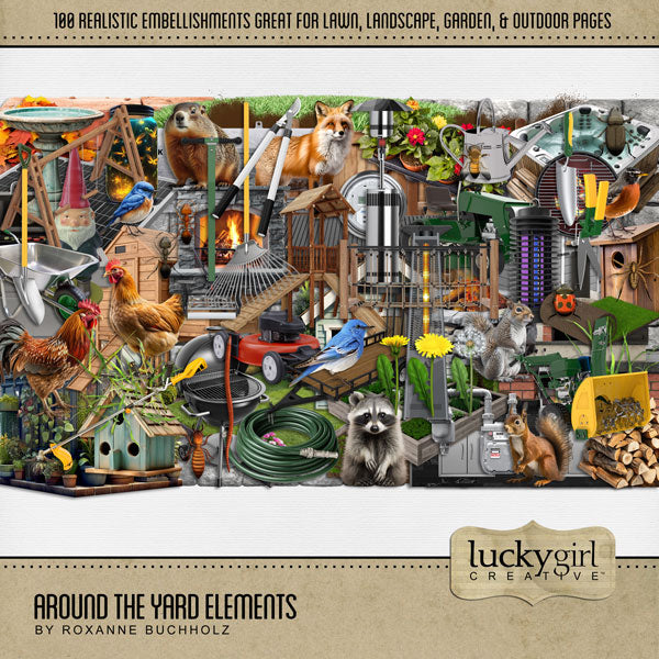 If you love playing in the backyard, mowing the lawn, landscaping, gardening, or enjoying the outdoors and nature, then this digital scrapbooking elements kit by Lucky Girl Creative digital art is what you are looking for. Embellishments include birds, hen, chicken, rooster, fox, groundhog, raccoon, squirrel, annual flowers, chicken coop, backyard, birdbath, bird house, brick, dirt, and more.