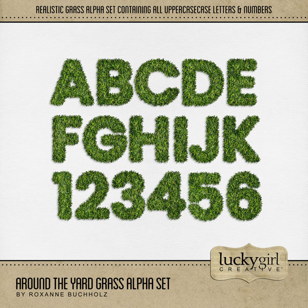 If you love playing in the backyard, mowing the lawn, landscaping, gardening, or enjoying the outdoors and nature, then this digital scrapbooking grass alpha set by Lucky Girl Creative digital art is what you are looking for. The Around the Yard Grass Alpha Set consists of a full set of digital art uppercase letters A-Z and numbers 0-9. This alpha set is available as individual embellishments only.