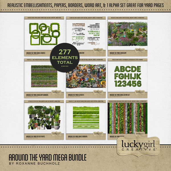 If you love playing in the backyard, mowing the lawn, landscaping, gardening, or enjoying the outdoors and nature, then this digital scrapbooking elements and paper bundle by Lucky Girl Creative digital art is what you are looking for. Embellishments include birds, hen, chicken, rooster, fox, groundhog, raccoon, squirrel, flowers, chicken coop, backyard, birdbath, bird house, brick, dirt, gnome, hose, she shed, storage shed, gas meter, propane tank, grass, lawn, greenhouse, grill, and more.