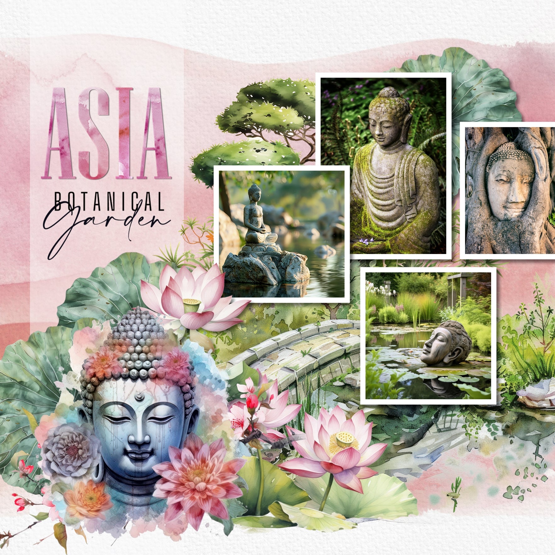 Add these beautiful watercolor embellishments, papers, clusters, and alpha set by Lucky Girl Creative digital art to all your digital scrapbooking pages to easily create memorable Asian pages and albums! Great for vacations to Asia, Japan, China, Thailand, Indonesia, Korea, Southeast Asia, and other Asian destinations. Embellishments feature crane, elephant, jaguar, koi fish, Golden Lion monkey, Proboscis monkey, panda, and more.