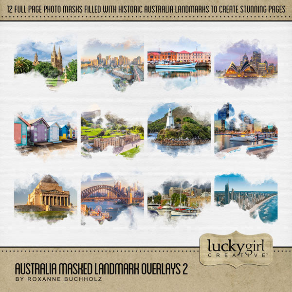 Highlight your vacation memories with these beautiful, digital landmark masked photo overlays by Lucky Girl Creative. Great for digital scrapbooking holidays and travel to Australia and exploring historic native and indigenous life! With transparent edges, these masked photographs blend seamlessly into any background paper and make the perfect backdrop for all travel, vacation, and holiday pages.